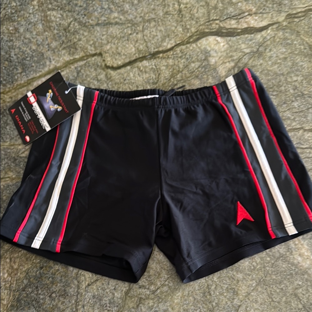 Red and Black Swim Trunks with Vertical Stripes